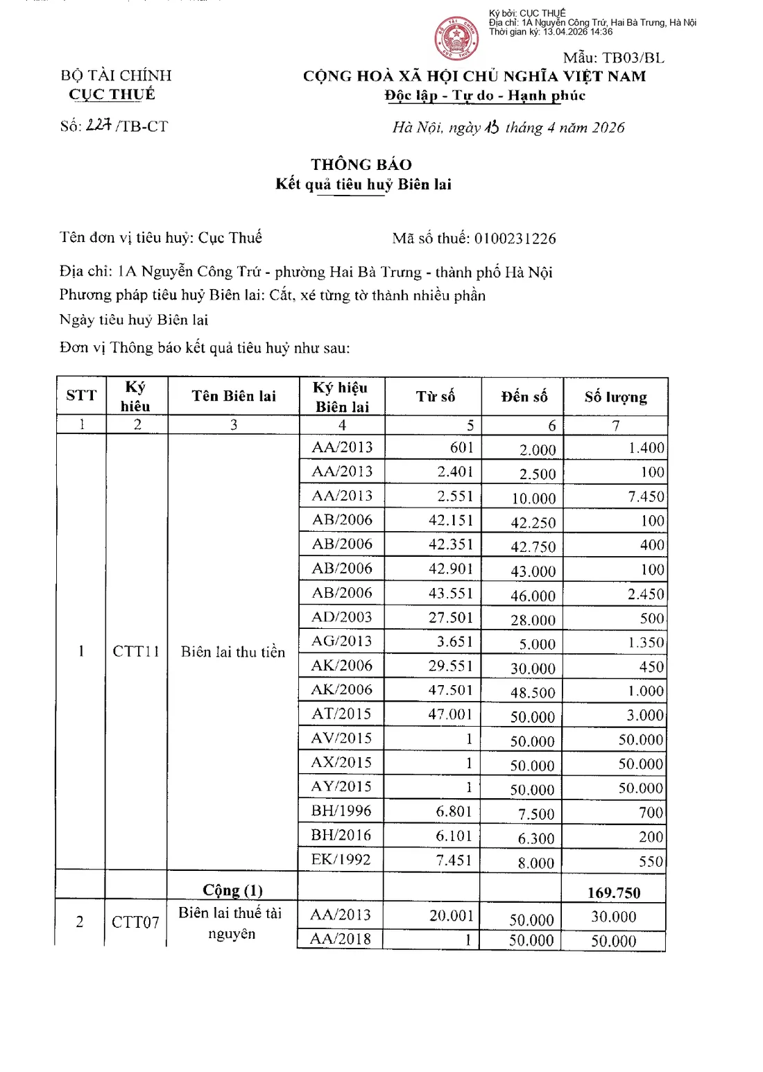 Thông báo kết quả tiêu hủy biên lai